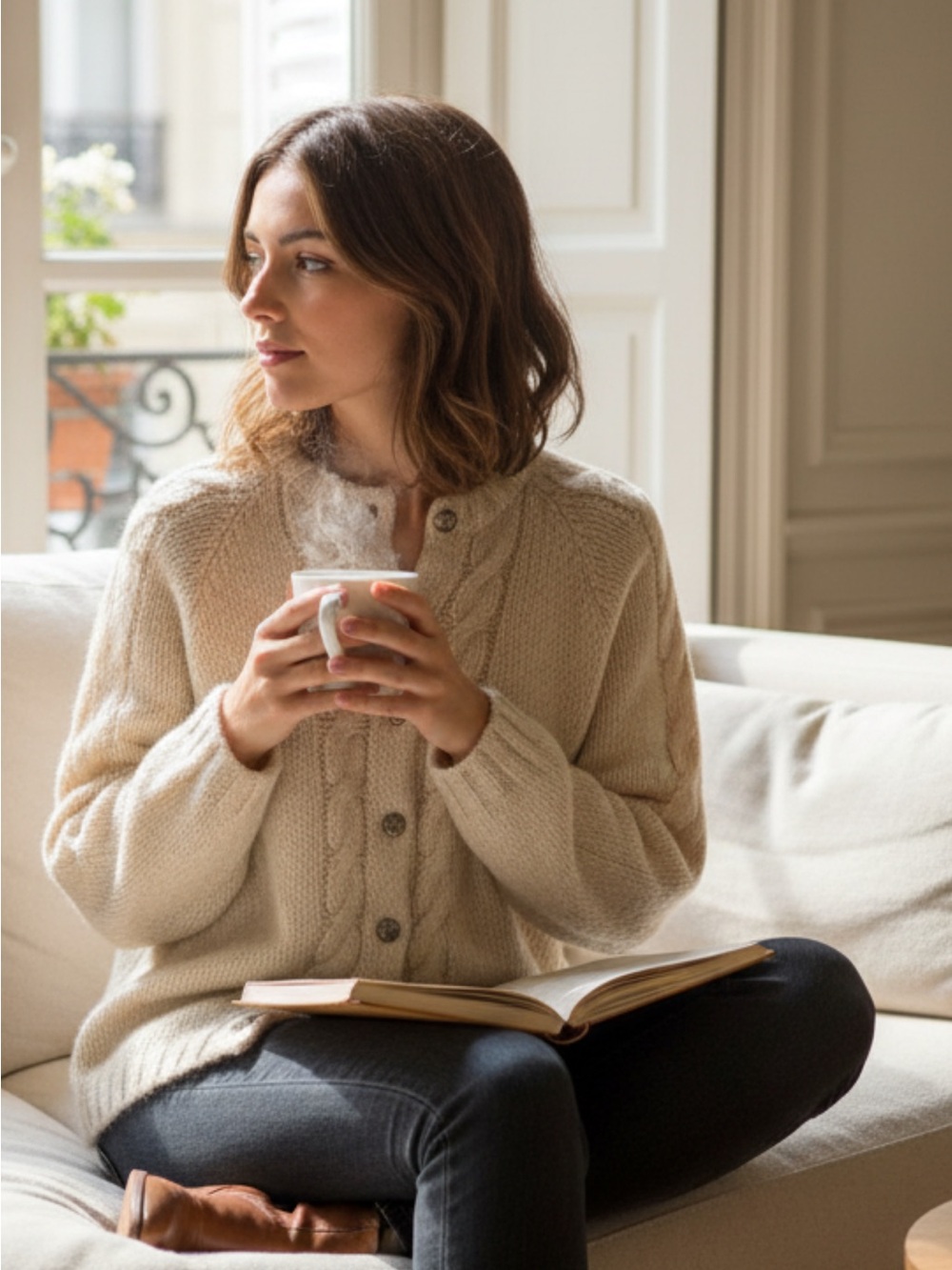 Cozy Hand Knit Cream Mohair Angora Cable-Knit Button Cardigan